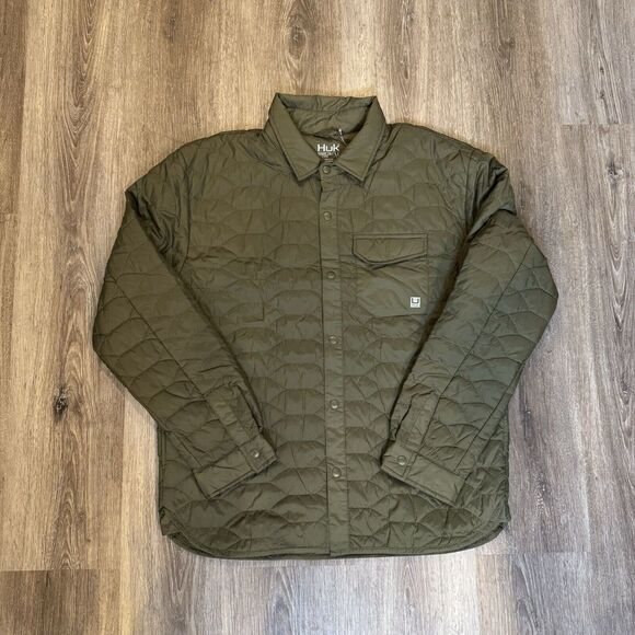 HUK Shacket Mens M Tarpon Quilt Snap Button Jacket Shirt Green Nylon NEW - Picture 1 of 6